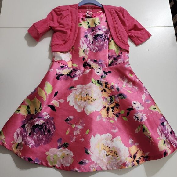 Girls Elegant Floral Magenta Pleated Formal Dress Cardigan & Headband Set Size 6 - Picture 3 of 16